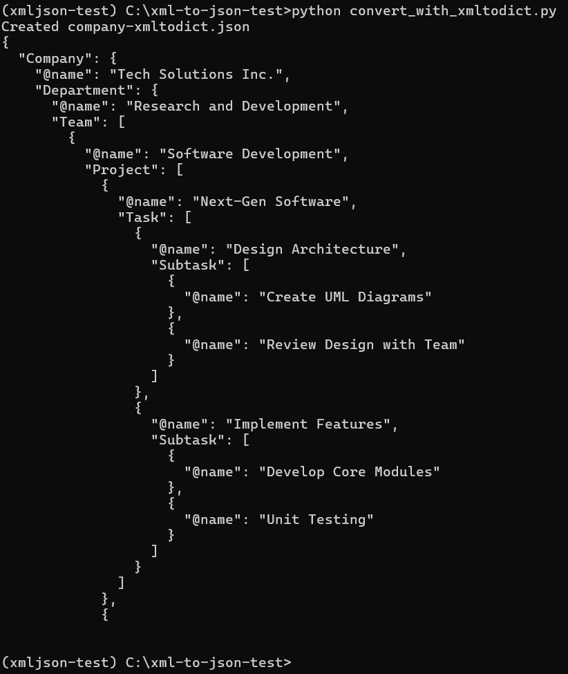 Command line window showing a Python script execution that uses the xmltodict library to parse nested company structure data into a structured JSON file format.